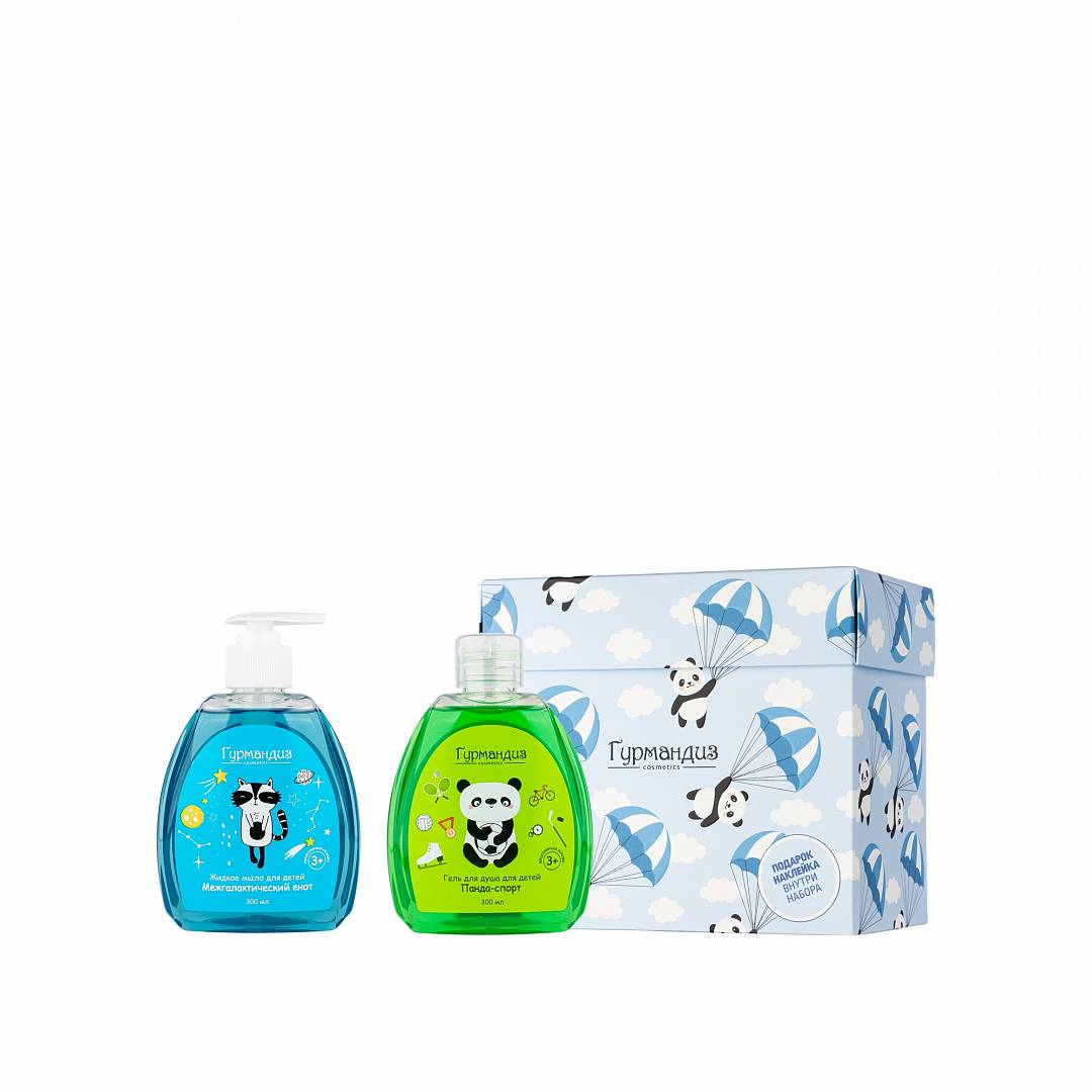 Набор детский: Жидкое мыло для детей Межгалактический енот+ Гель для душа для детей Панда-спорт
